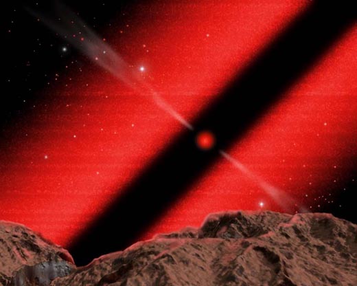 Imagen artística de un agujero negro visto desde un hipotético planeta próximo.