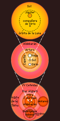 Esquema comparativo del tamaño relativo de varias estrellas.