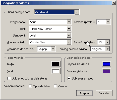 Firefox - Men� Herramientas > Preferencias > General > Tipos y colores