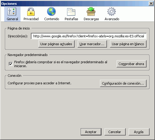 Firefox 1.5 - Configuración - Herramientas > Opciones > General Firefox 1.5 - Configuración - Herramientas > Opciones > General