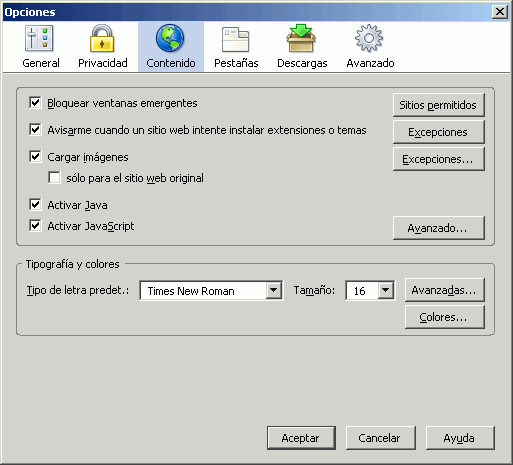 Firefox 1.5 - Configuración - Herramientas > Opciones > Características web Firefox 1.5 - Configuración - Herramientas > Opciones > Características web