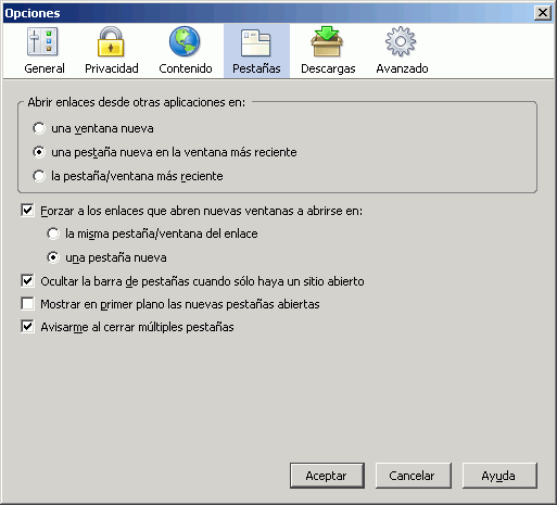 Firefox 1.5 - Configuración - Herramientas > Opciones > Pestañas Firefox 1.5 - Configuración - Herramientas > Opciones > Pestañas