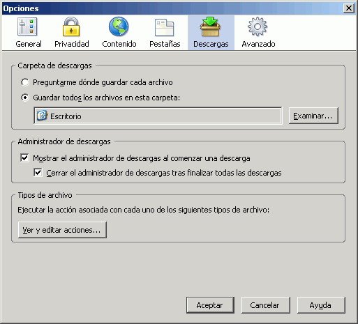 Firefox 1.5 - Configuración - Herramientas > Opciones > Descargas Firefox 1.5 - Configuración - Herramientas > Opciones > Descargas