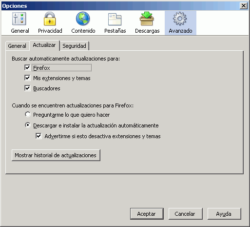 Firefox 1.5 - Configuración - Herramientas > Opciones > Avanzado > Actualizar Firefox 1.5 - Configuración - Herramientas > Opciones > Avanzado > Actualizar