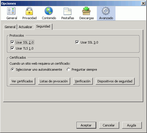Firefox 1.5 - Configuración - Herramientas > Opciones > Avanzado > Seguridad Firefox 1.5 - Configuración - Herramientas > Opciones > Avanzado > Seguridad