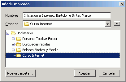Firefox 1.5 - Marcadores - Nueva carpeta creada Firefox 1.5 - Marcadores - Nueva carpeta creada