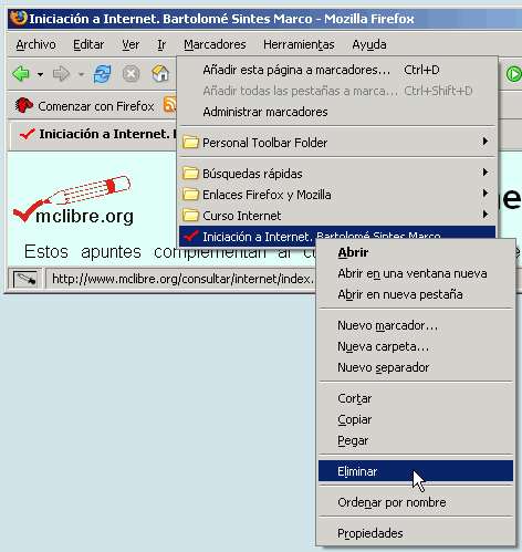 Firefox 1.5 - Menú Marcadores - Eliminar marcador Firefox 1.5 - Menú Marcadores - Eliminar marcador