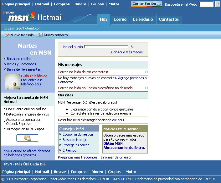 Hotmail - Primera sesión - Pantalla inicial de Hotmail Hotmail - Primera sesión - Pantalla inicial de Hotmail