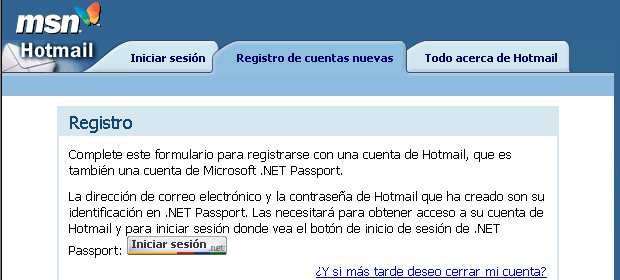 Hotmail - Encabezado del formulario de registro Hotmail - Encabezado del formulario de registro