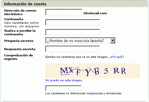 Hotmail - Formulario de registro - Información de la cuenta Hotmail - Formulario de registro - Información de la cuenta