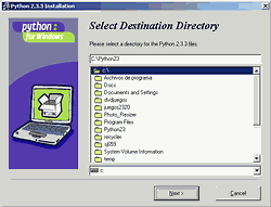 Instalaci�n de Python 2.3 - Paso 1 - Carpeta de instalaci�n